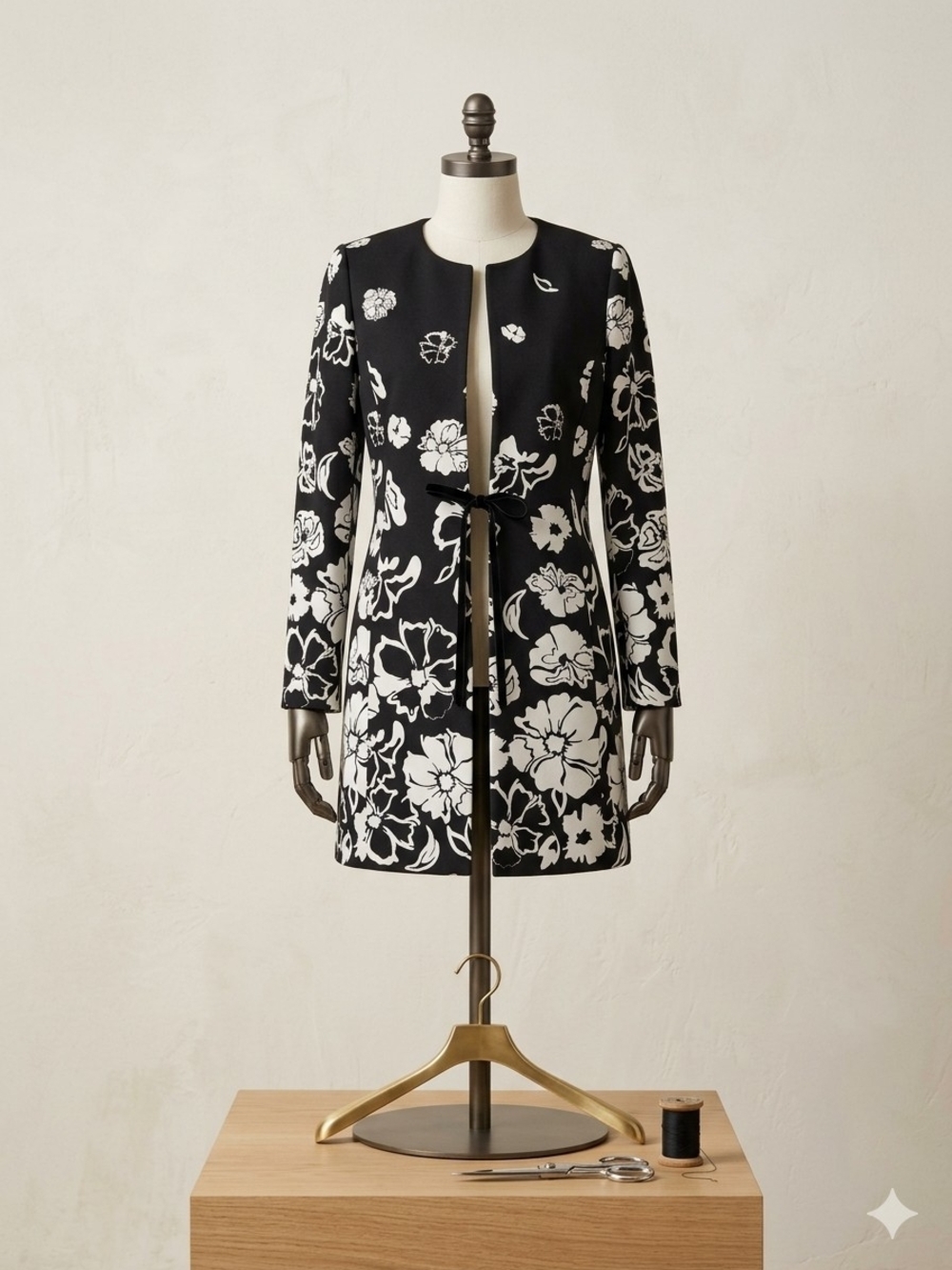 Black & White Floral Tie-Front Blazer